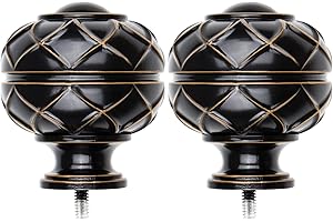 USFOOK Window Treatment Finials for 3/4 or 6/8 Inch Curtain Rods, Black Drapery Rods Replacement Finials with M6 Screws, Lotus Texture Finials, 2 Pack