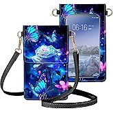 Tudguiloae Small Crossbody Bags for Women, Leather Travel Cell Phone Wallet, Touch Screen Phone Wallet with Card Holder, Multi-Function Small Crossbody Purse, Purple Roses Butterflies