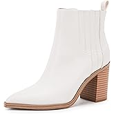 Womens Ankle Boots Slip on Pointed Toe Chunky Block Mid Heel Leather Elastic Panel Casual Chelsea Western Booties