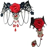 JinYu 2 Set Retro Handmade Choker Necklace and Bracelet for Women Gothic Black Lace Necklace for Halloween Punk Costume Party Royal Court Vampire Choker