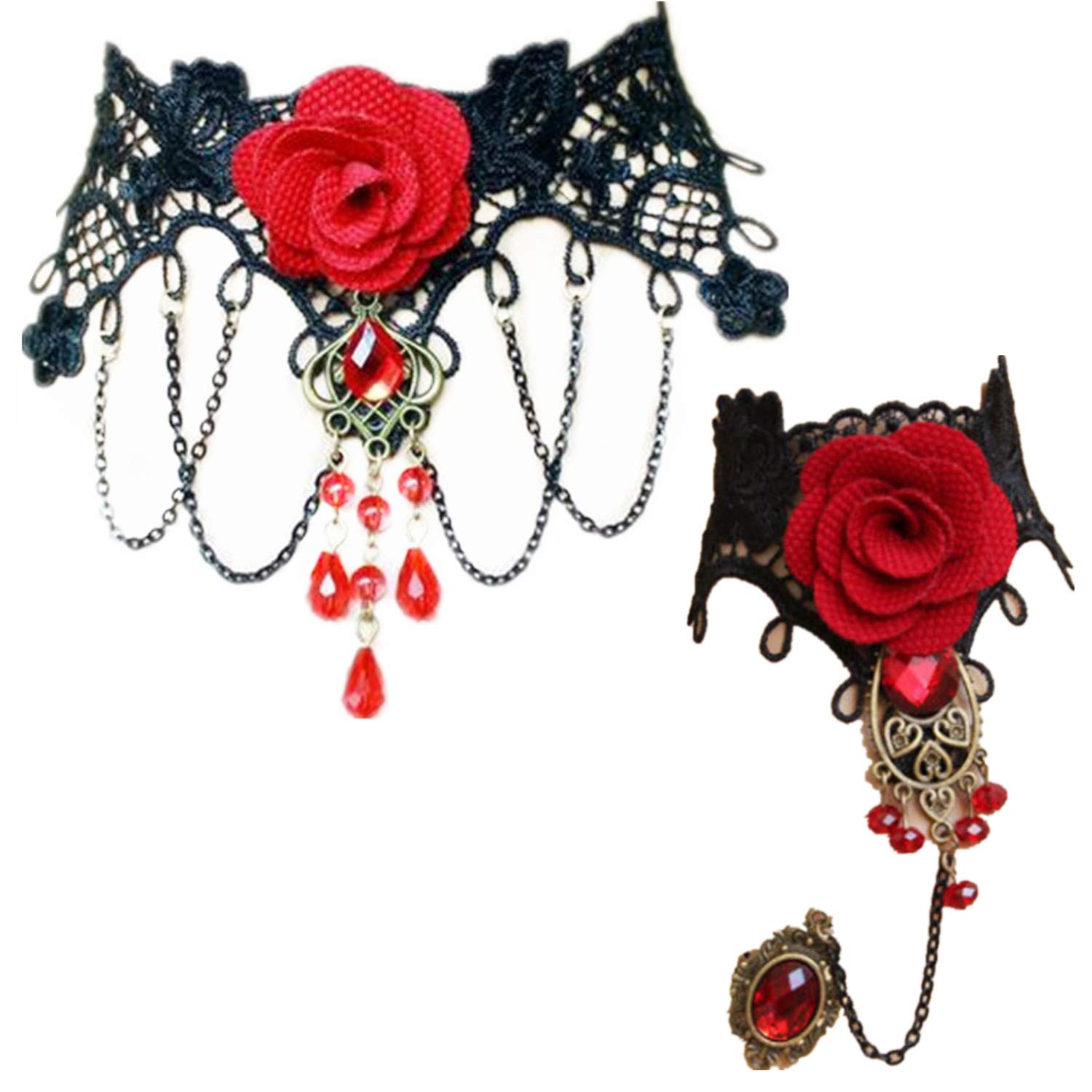 JinYu 2 Pack Choker Necklaces and Bracelets Retro Handmade for Women Gothic Black Lace Necklace for Halloween Punk Costume Party Royal Court Vampire