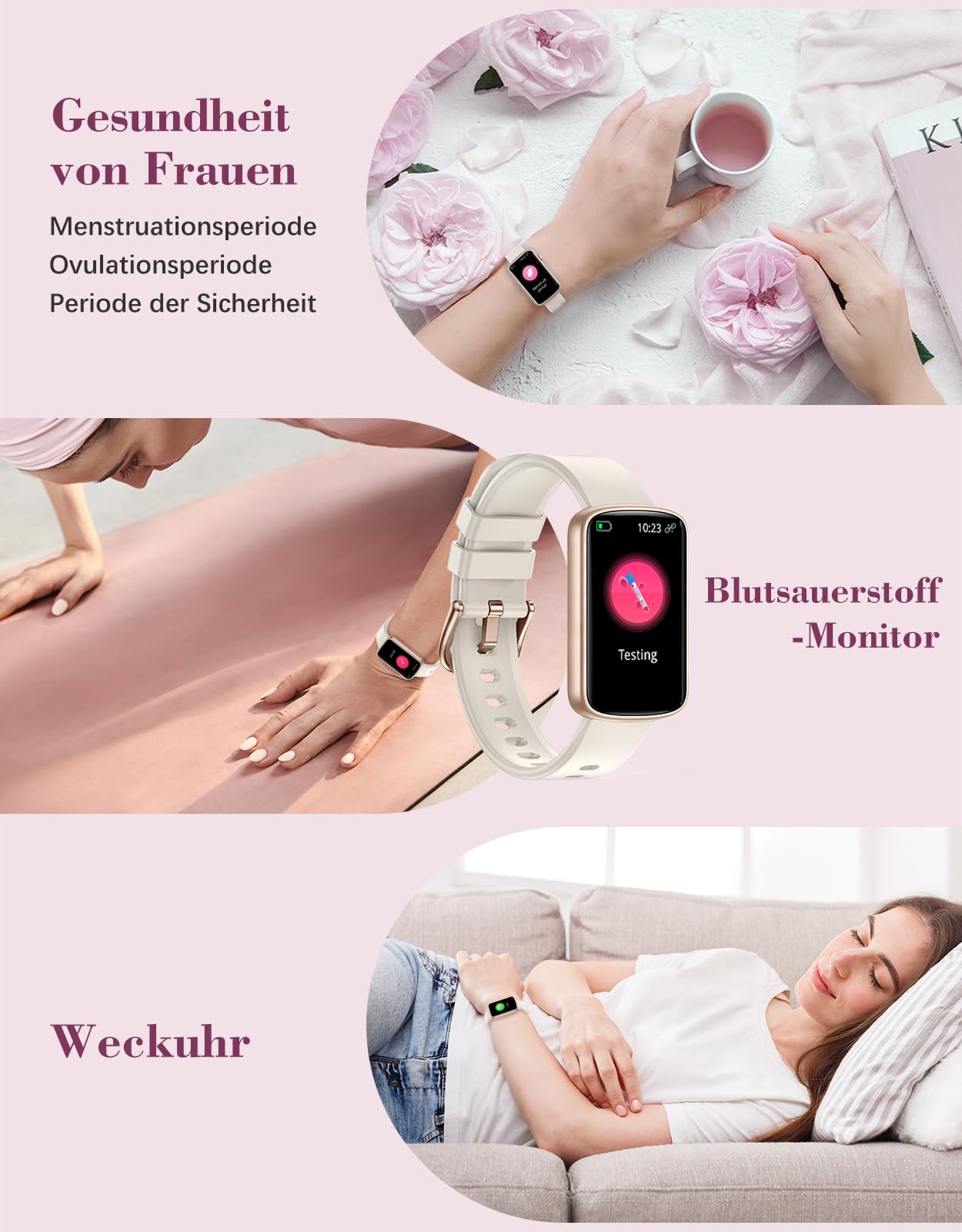 Smartwatch Damen 1.47'' Schmal Fitnessuhr mit Herzfrequenz SpO2 Schlafüberwachung Schrittzähler Kalorienzähler Menstruationszyklus Anruf Whatsapp Mitteilungen Fitness Tracker für Android iOS 6