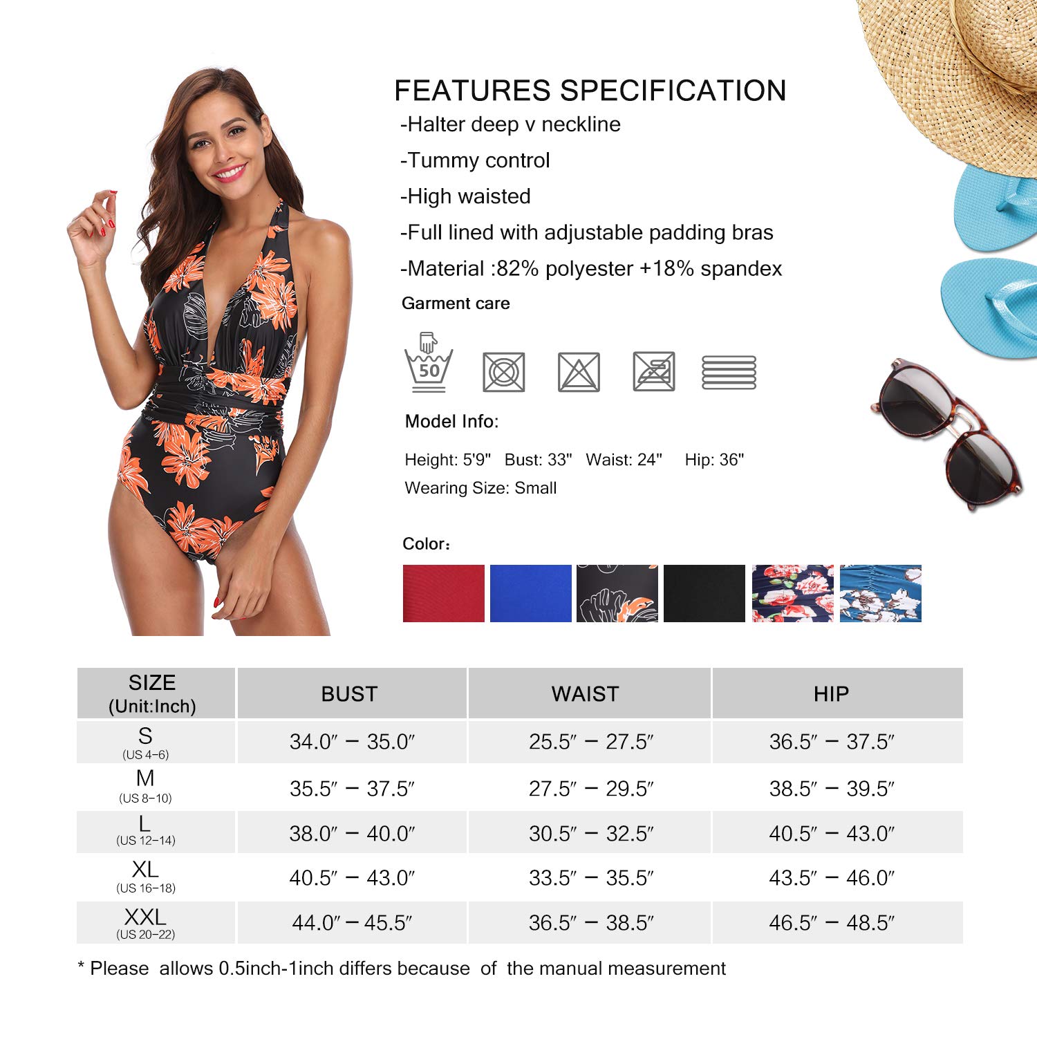 MarinaVida Women V Neck One Piece Swimsuit Halter Bathing Suits