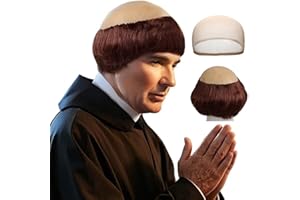 JoneTing Monk Wig【+Bald Cap + Hair Cap】 Monk Friar Tuck Brown Ugly Wigs for Men Short Browned Balding Monks Cosplay Costume Brown Funny Hair for Halloween Christmas Themed Party Outfit