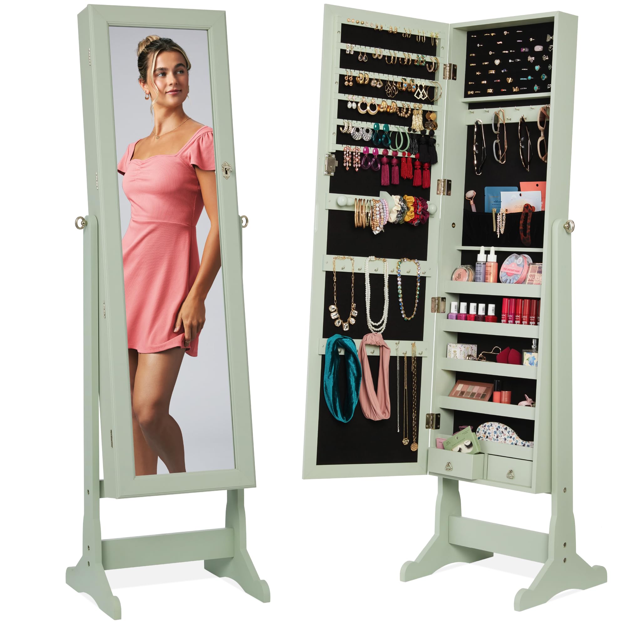 Best Choice Products Freestanding Jewelry Armoire Cabinet, Full Length Standing Mirror, Lockable Makeup Storage Organizer, w/Velvet Lining, 3 Angles, Lock, Accessory Pouch, 5 Shelves - Sage Image
