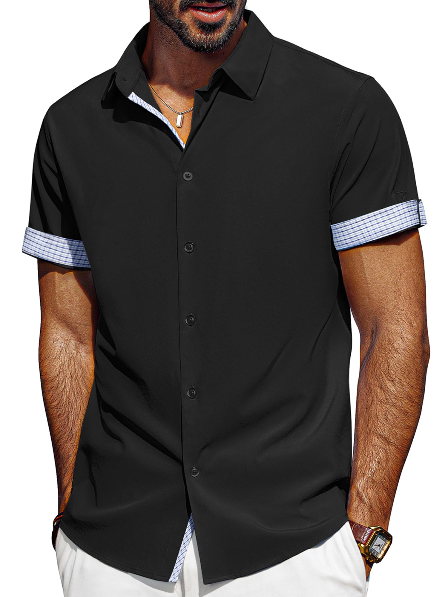 Photo 1 of 2XL-PJ PAUL JONES Men's Short Sleeve Button Down Shirt Wrinkle Free Casual Collared Summer Shirts with Contrast Plaid Cuffs Black