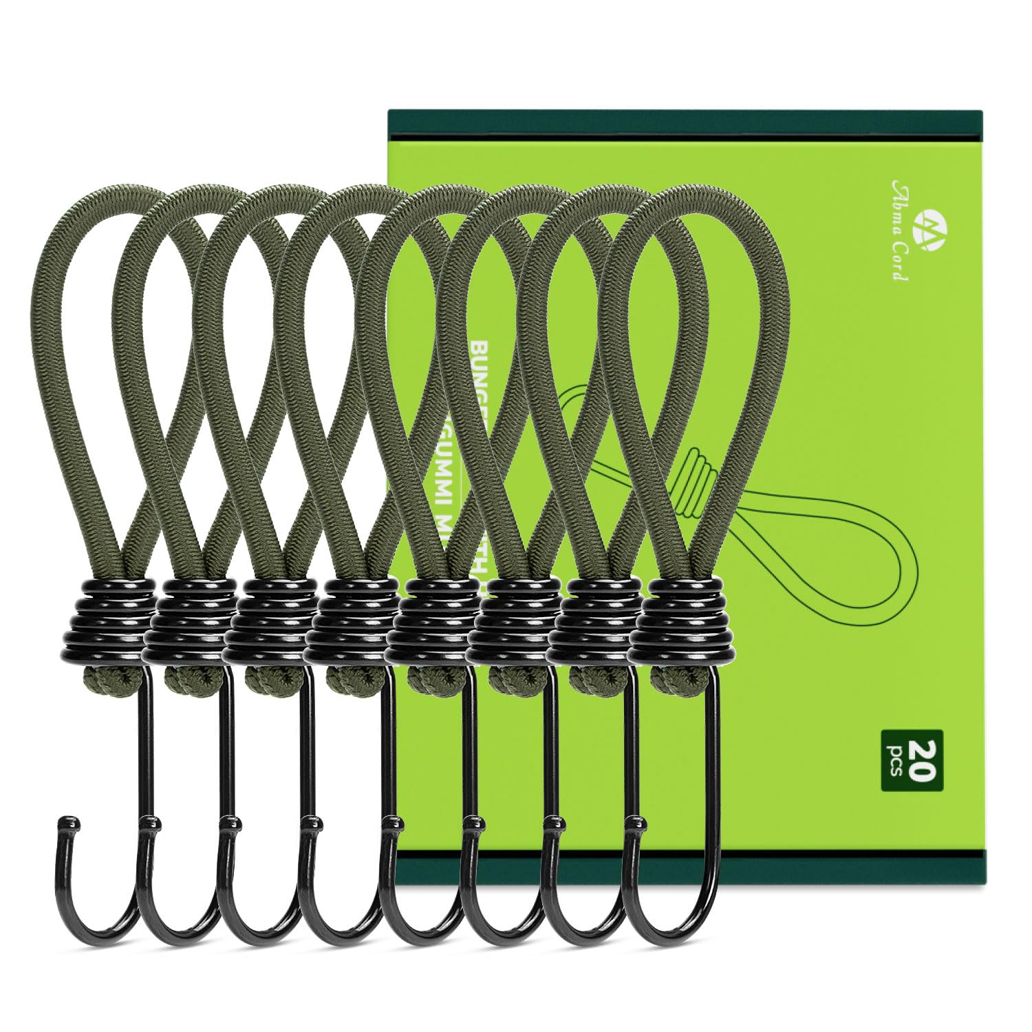 Abma Cord Bungee Cords with Hooks 15cm 20Pcs Small Bungee Ropes with Hooks Elastic Bungee Loops for Tarpaulin, Tent, Camping, Banners, Fixing - Army Green