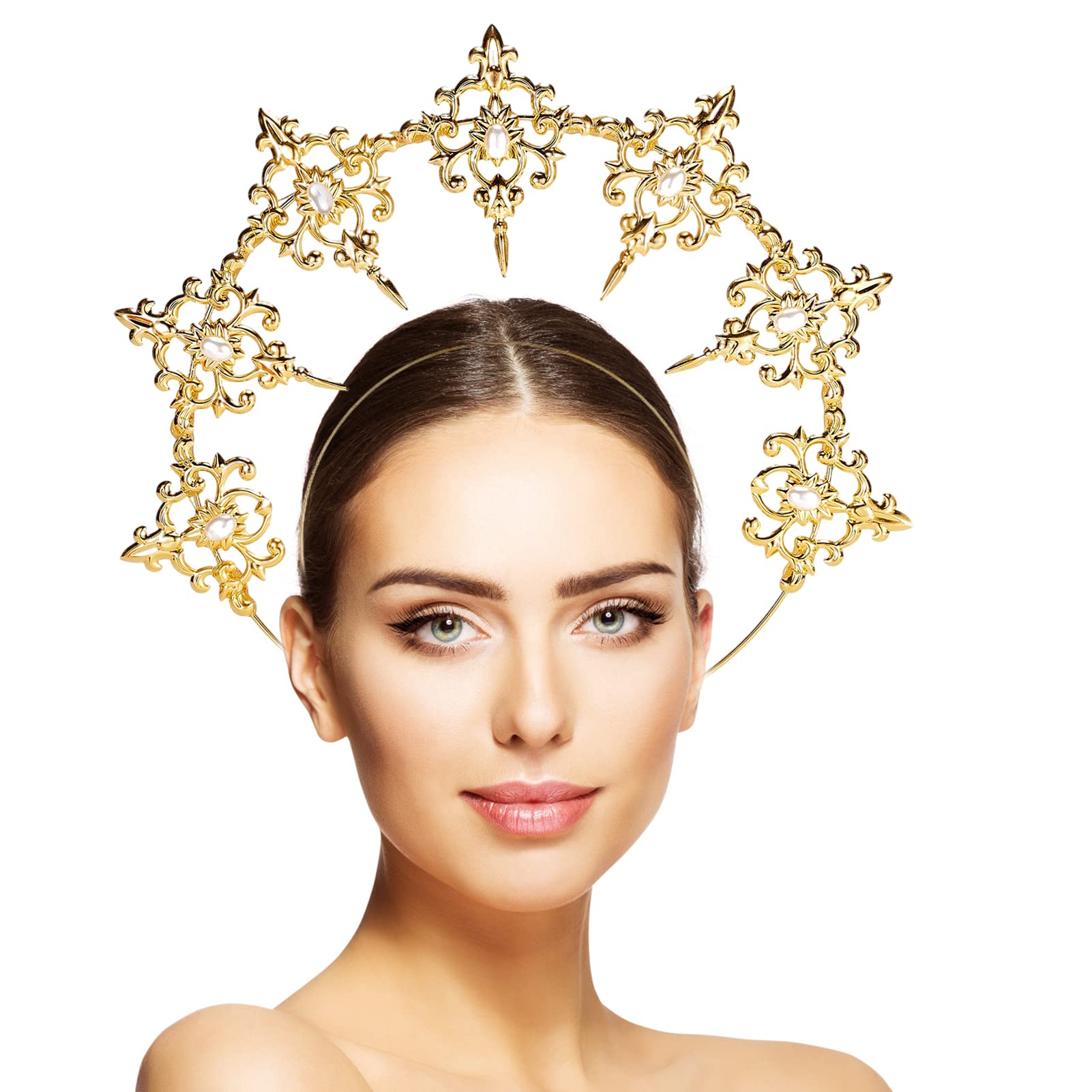 NICENEEDED Women Goddess Halo Crown Headpiece, Boho Angel Queen Crown, Women's Gold Headpiece Bridal Headdress for Party Cosplay Halloween Costume Photoshoot Accessories