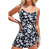 Dokotoo Womens One Piece Swim Dress Strappy Tummy Control Bathing Suit Full Coverage Modest Swimsuits with Skirt