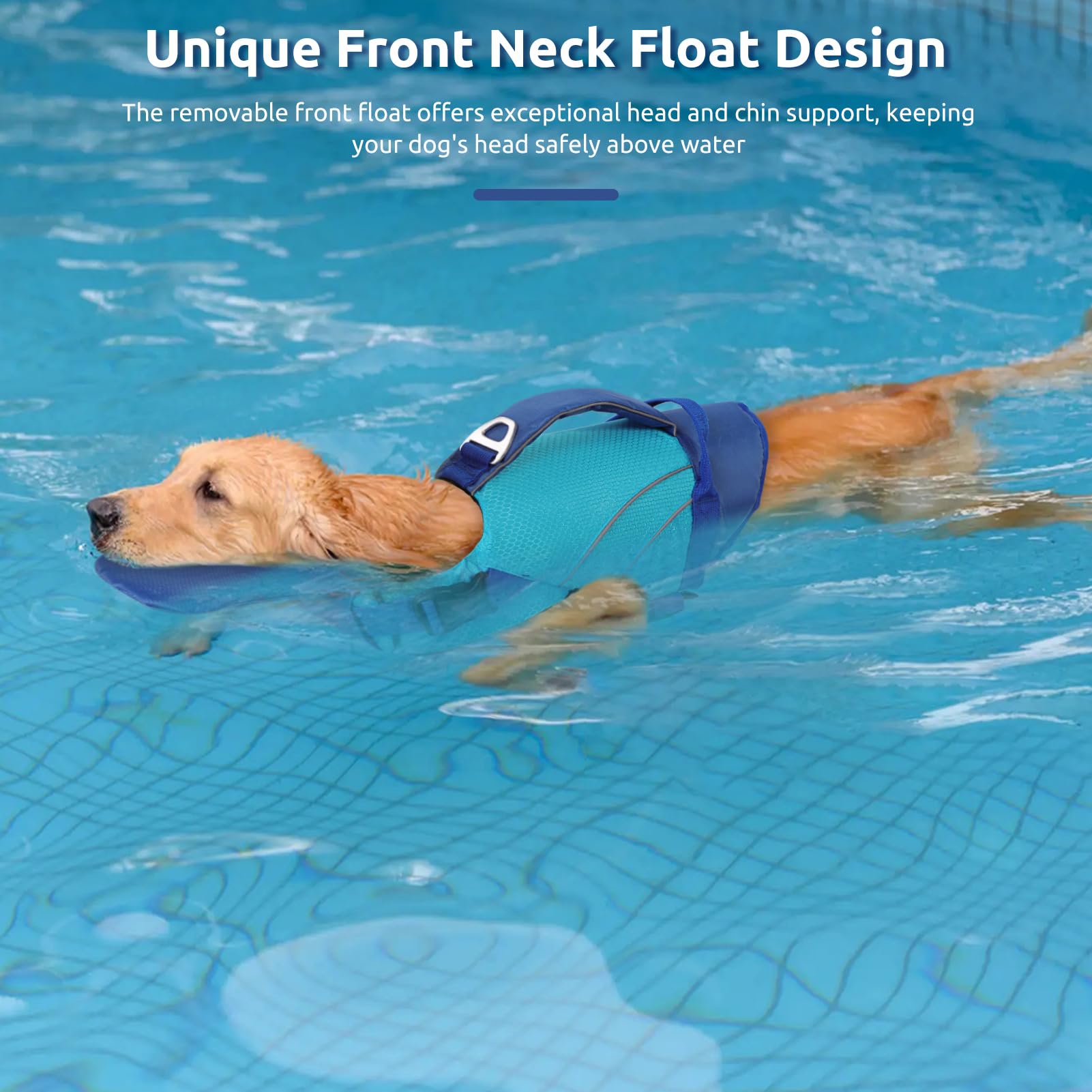 Condition photo showing As Is for dog life jacket with front float, adjustable ripstop dog life vest for swimming boating, pet lifesaver with rescue handle, enhanced buoyancy cat pool float (blue,l) large blue