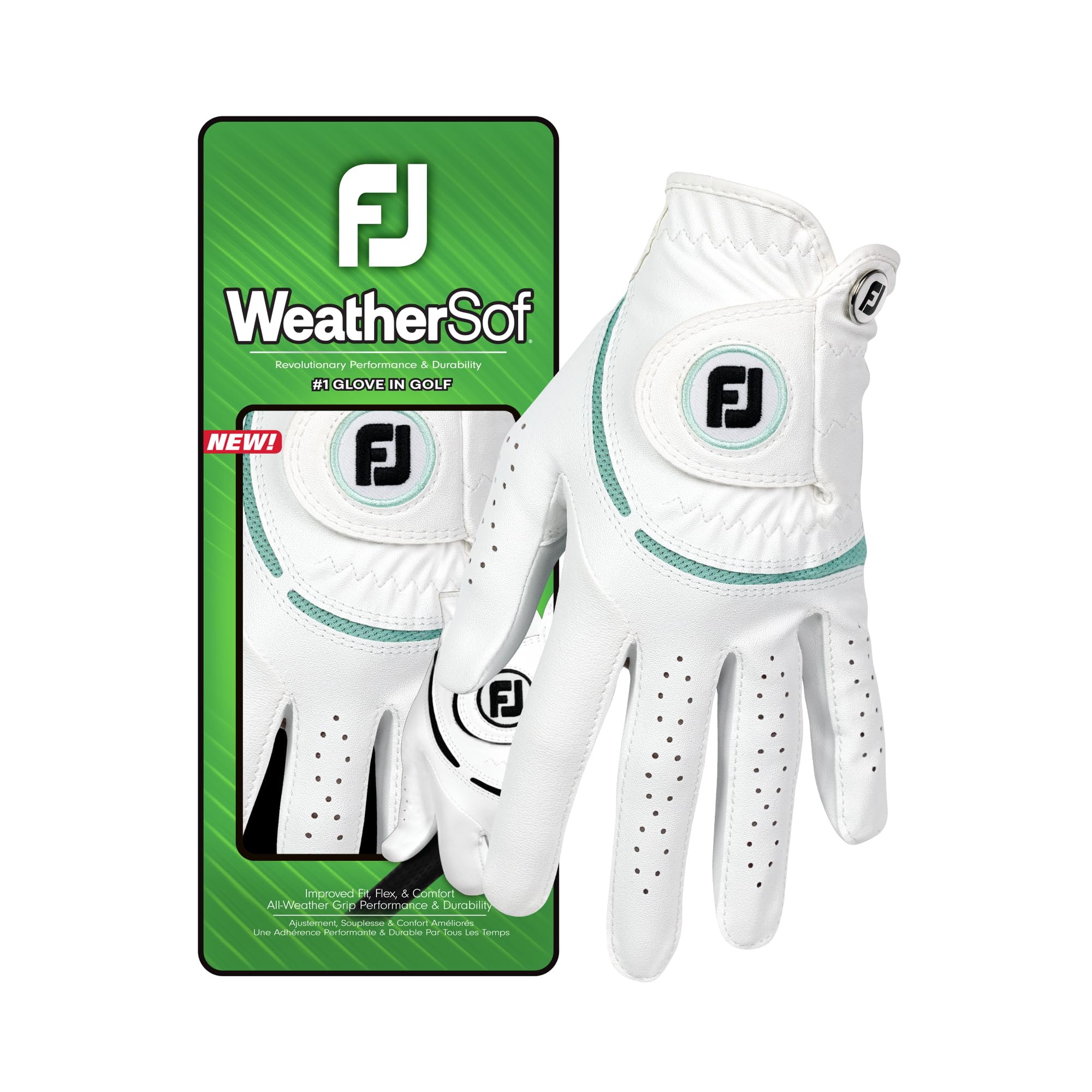FootJoy WeatherSof Women's Golf Glovee, Left Hand (for Right Handed Golfer), White/Sea Glass, L EU