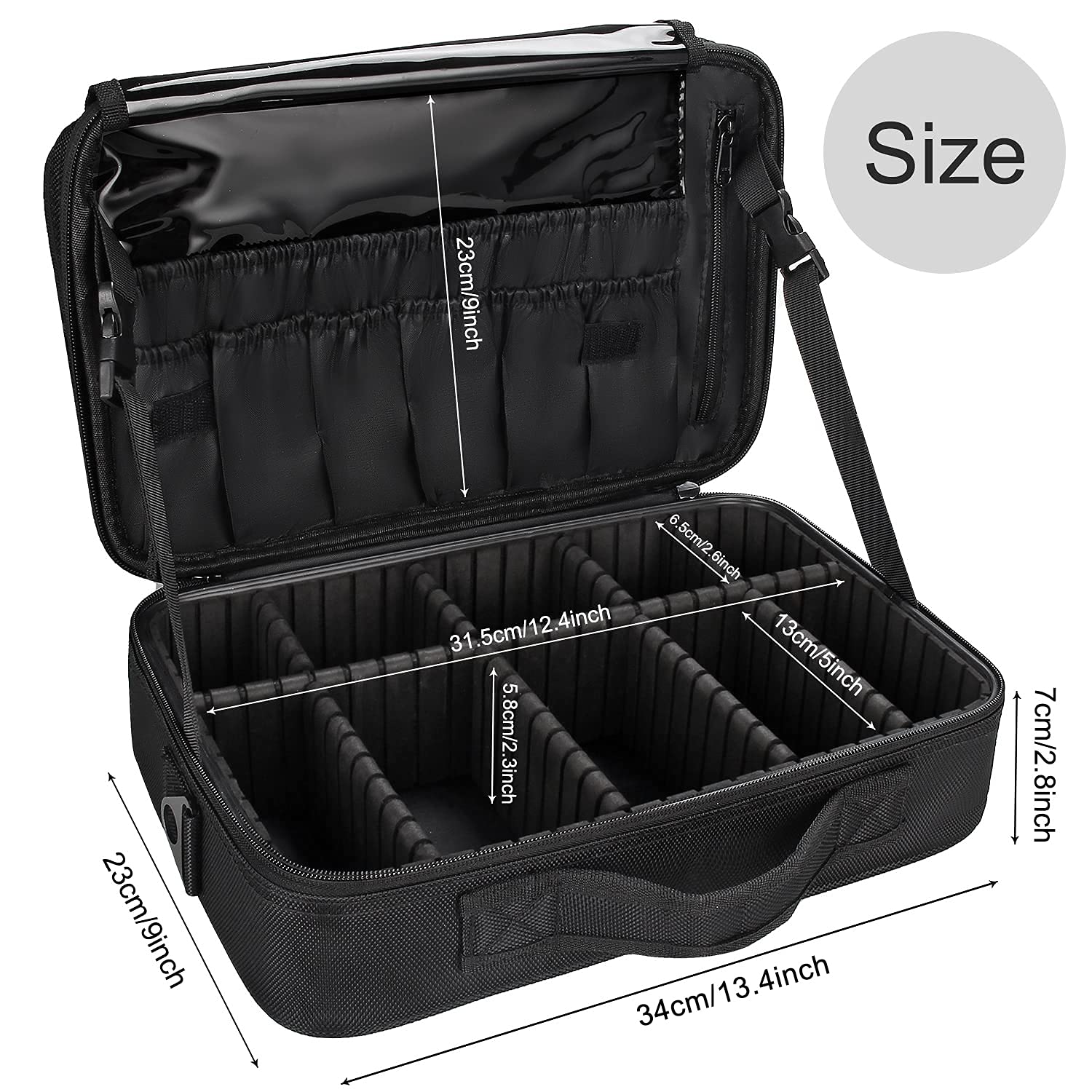 Relavel Makeup Bag Travel Makeup Train Case 13.8 inches Large Cosmetic Case Professional Portable Makeup Brush Holder Organizer and Storage with Adjustable Dividers and Shoulder Strap Black