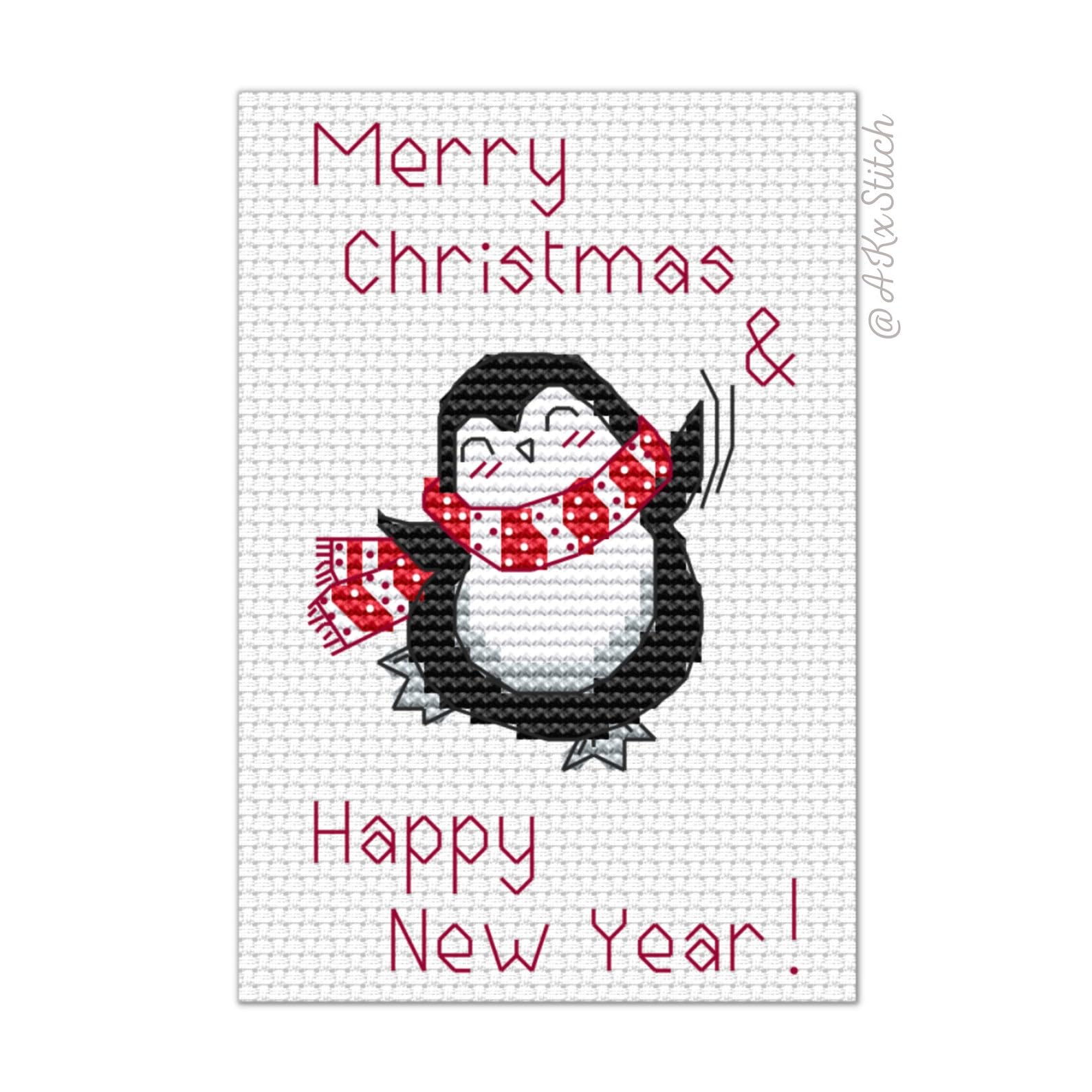 Little Penguin Cross Stitch Kit with DMC Threads & Fabric, Cute Christmas Greetings Card, Easy Beginner Embroidery Chart, Xmas Small Quick Craft Idea