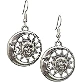 Celestial Sun and Moon Charm Earrings, Handmade Antique Silver Cosmic Dangle Jewelry