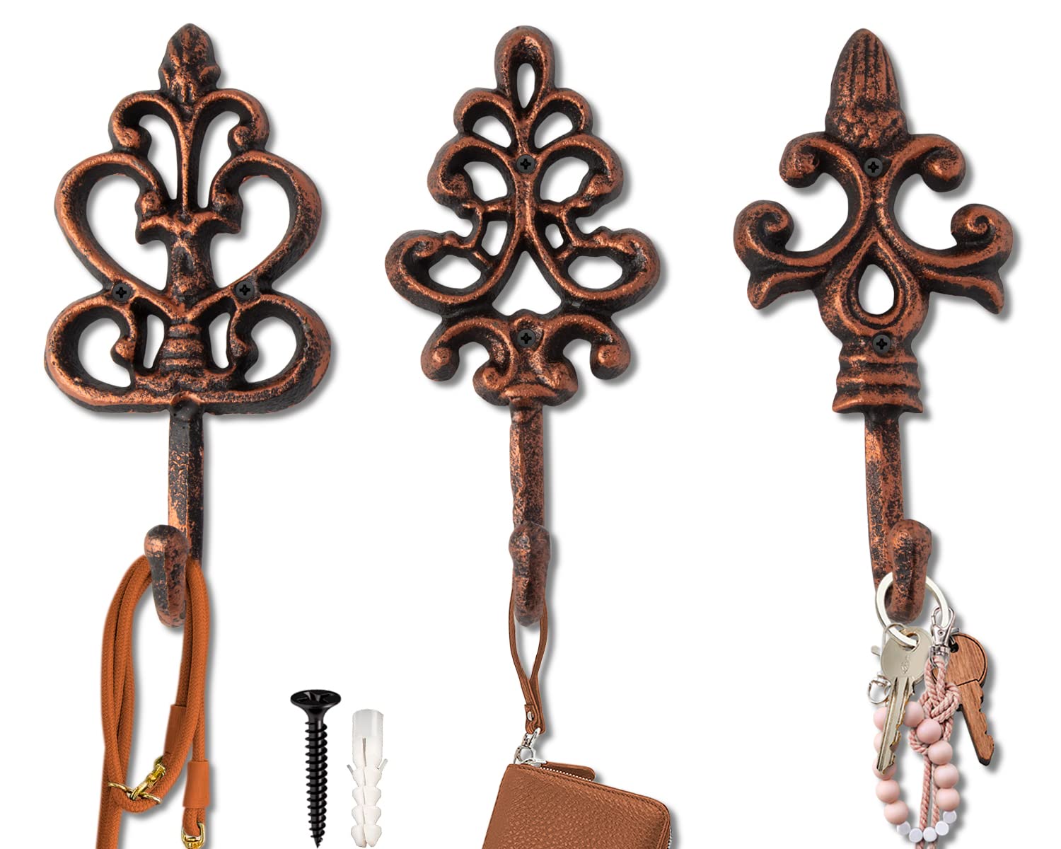 Comfify Shabby Chic Cast Iron Decorative Wall Hooks - Rustic - Cooper - Antique - French Country Charm - Large Decorative Hanging Hooks - Set of 3 - Screws and Anchors for Mounting Included- Brown