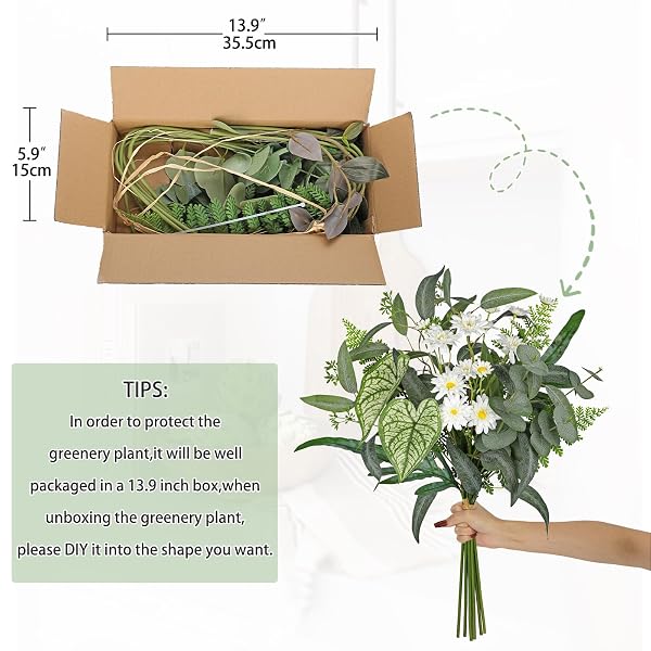 ARTIFICIAL GREENERY STEMS BOX SET, 5 KINDS MIXED EUCALYPTUS LEAVES SILVER DOLLAR FERN MONSTERA LEAF FAUX PLANTS AND FLOWERS FOR DIY BOUQUETS WEDDING FLORAL ARRANGEMENTS TABLE CENTERPIECES VASE DECOR