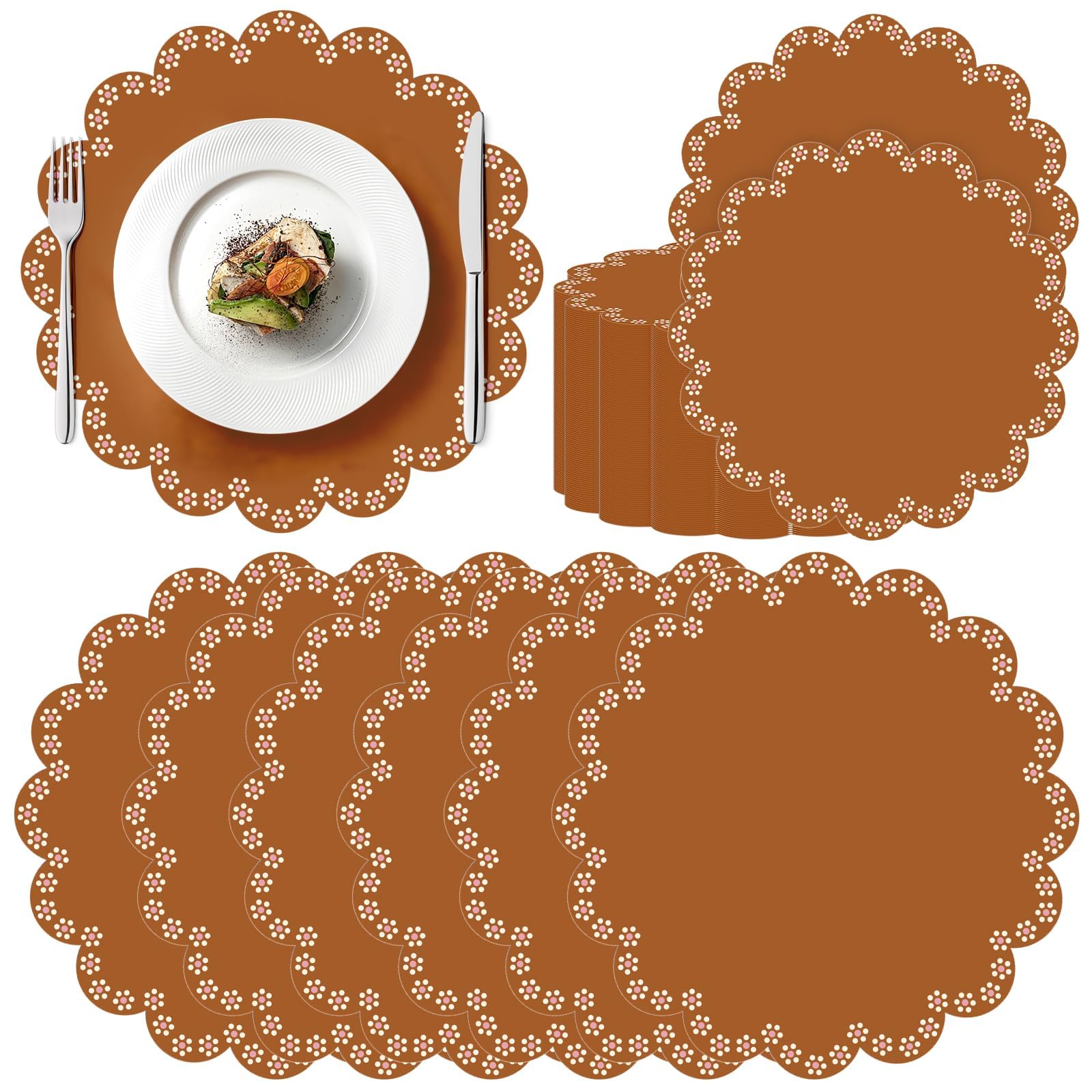 Photo 1 of 100 Pcs Platos De Barro Mexicanos Paper Placemats 13.5 Inches Cielito Lindo Party Decoration Disposable Scalloped Cinco De Mayo Paper Placemats for Fiesta Mexican Baby Shower Decor