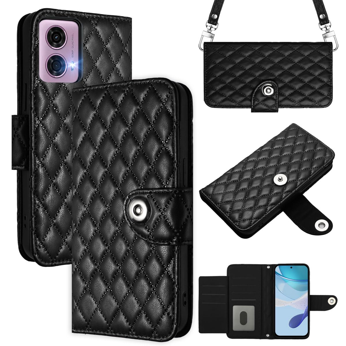 MOJIA Flip Case for Motorola Moto G24 / G04S / G04 / E14, PU Leather Wallet Case Flip Phone Cover, Card Holder Multifunctional Case with Wrist and Shoulder Strap. Black
