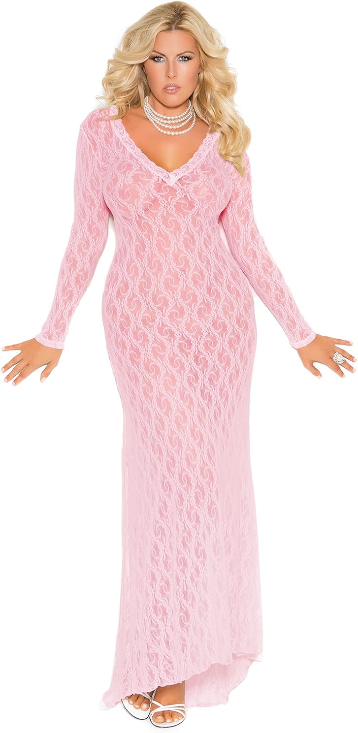Elegant Moments Women's Plus-Size Queen Size Long Sleeve Lace Gown with Deep-: Clothing