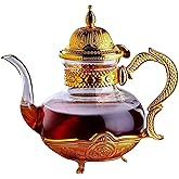 LaModaHome Borosilicate Glass Teapot with Ornate Metal Hinged Lid, Handle & Decorative Feet, Tea Maker, Glass Tea Kettle, Cle