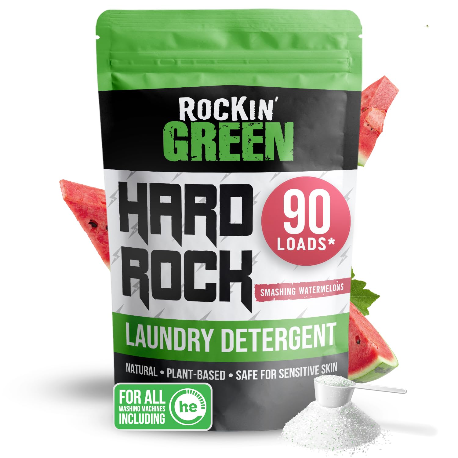 Rockin' Green | Hard Rock Natural Laundry Detergent Powder | Smashing Watermelons | 45oz / 90 Loads - Perfect for Baby Clothes