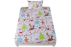 qjmiaofang Christmas Sheets Twin Size for Girls Merry Christmas Fitted Sheet 2 Pieces Snowman and Santa Claus Pattern Bed Set Christmas Tree Snowflake Bed Sheet Set with 1 Christmas Pillowcase