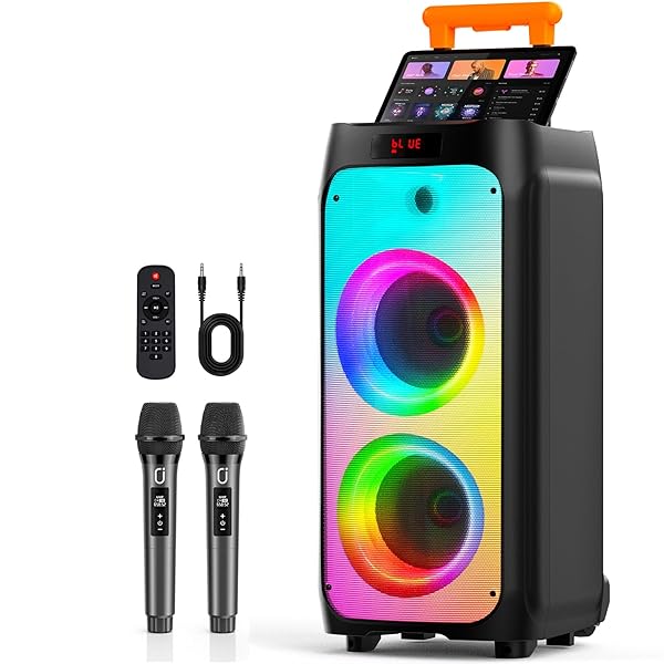 HWWR KARAOKE MACHINE WITH 2 WIRELESS MICROPHONES, BIG BLUETOOTH PARTY SPEAKER WITH 500W PEAK POWER FOR ADULTS, PA SYSTEM WITH ROLLING WHEELS AND TROLLEY, PERFECT FOR OUTDOOR, HOME PARTY, GATHERINGS