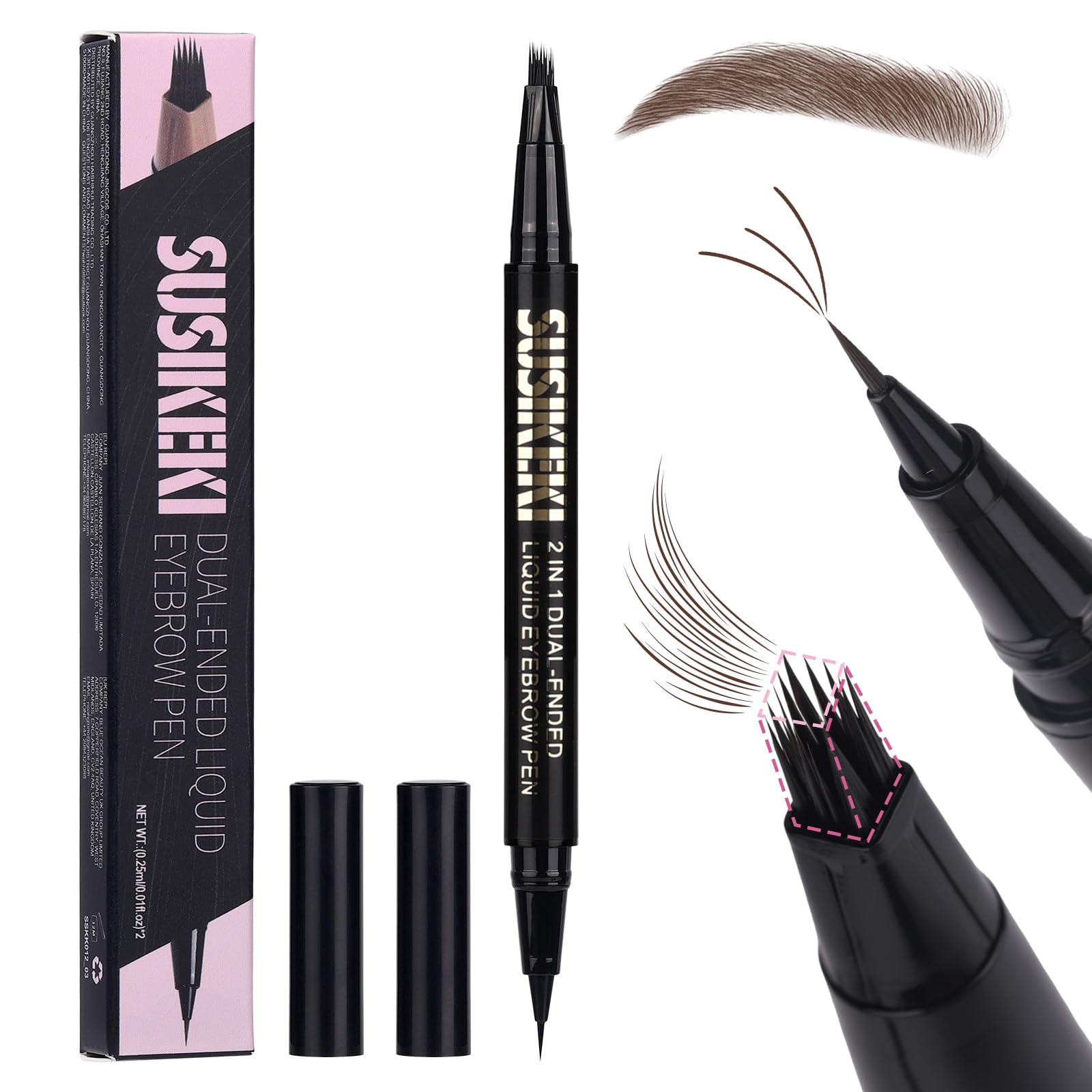 Photo 1 of SUSIKEKI Dual Ended Microblading Eyebrow Pen - 2 in 1 Liquid Eyebrow Pencil with Brow-Fection Angled Brush & Precise Detail Brush-Tip, Shapes & Fills Hair-Like Looking Brows, Lasts All-Day, Dark Brown