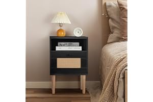 SEHERTIWY Rattan Side Table, Boho Nightstand with Drawers, Mid Century Wood Bedside Table with Storage, Small Side Tables for Bedroom Small Space