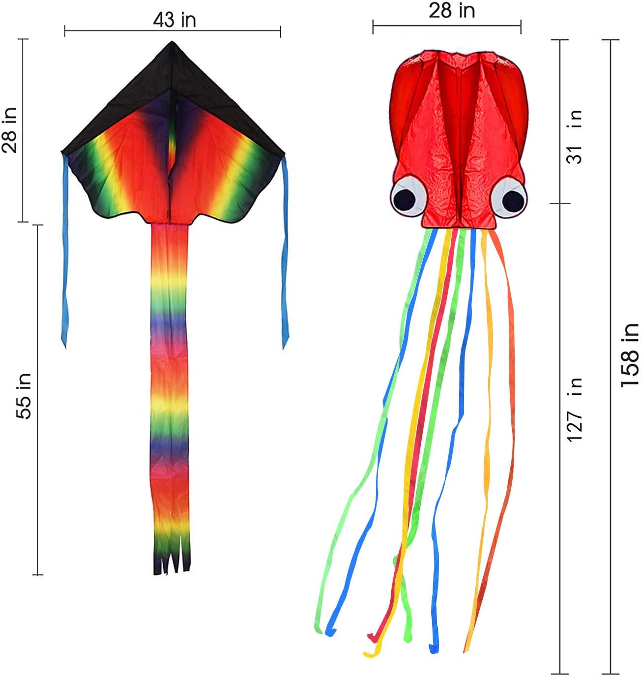 Listenman 2 Pack Kites - Large Rainbow Delta Kite and Red Mollusc Octopus with Long Colorful Tail for Children Outdoor Game,Activities,Beach Trip Great Gift to Kids Childhood Precious Memories: Sports & Outdoors