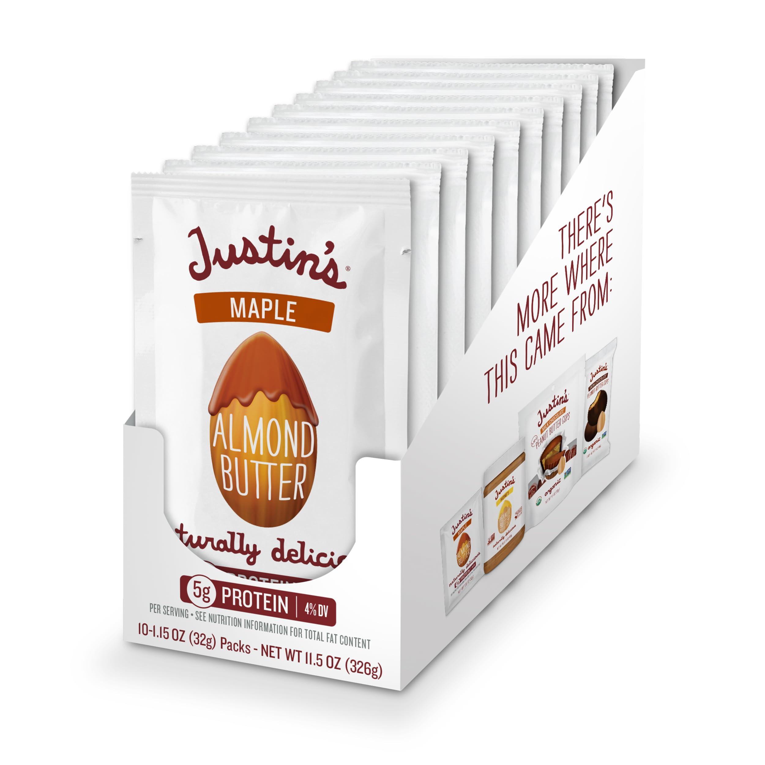 Photo 1 of Justin's Maple Almond Butter Squeeze Packs, Gluten-Free, Non-GMO, Responsibly Sourced, 1.15 Ounce (10 Pack)