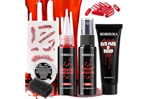 BOBISUKA Halloween Makeup Fake Blood Kit- Washable Dark Spray + Fresh Dripping + Blood Thick Gel, Blood Capsule, Stipple Sponge & Soap, Realistic Scar Tattoo for SFX Zombie Clown Mouth Clothes