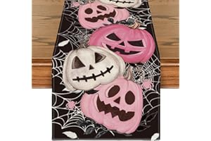 Artoid Mode Pink Pumpkins Spider Web Halloween Table Runner, Seasonal Fall Black Kitchen Dining Table Decoration for Home Party Decor 13x72 Inch