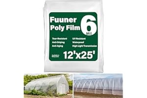 Fuuner Greenhouse Plastic Sheeting 6 Mil, 12 x 25 FT Heavy Duty Clear Polyethylene Film for Greenhouses, High Light Transmission, Weatherproof, UV Resistant, Plastic Covering for Gardening, Farming