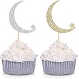 Handmade Twinkle Twinkle Little Star Cupcake Toppers Baby Shower Decoration Star and Moon Picks - Silver and Gold (24 Counts)