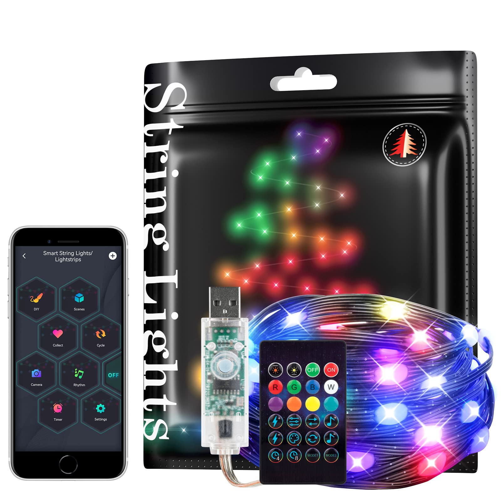 Intelligent String Lights RGB IC WS2812B IC 5m 50leds USB IP67 Waterproof black Cable USB LED String Lights with 24Buttons LED Remote Music Sync Funny Modes Colour Chasing for Home Decoration Party