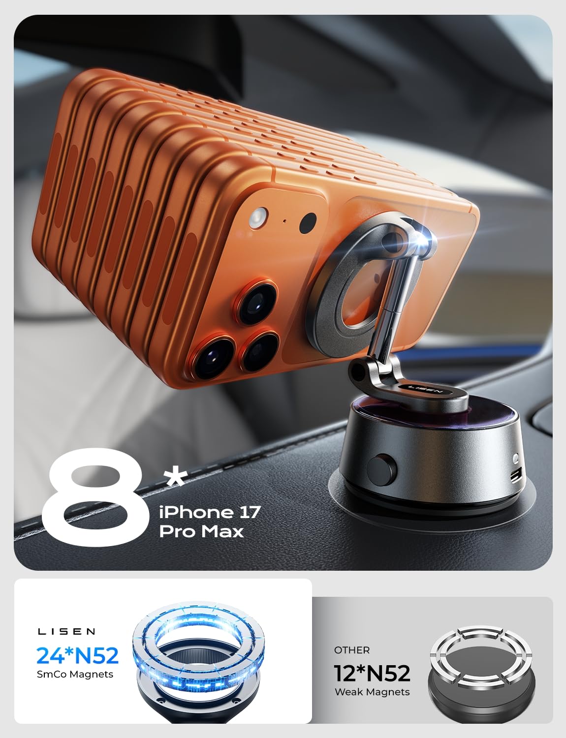 LISEN SuctionPro Vacuum Magnetic Phone Holder for Car Electric [High-Tech] [Self-Tightening] Suction Cup Phone Mount for Magsafe Car Mount for iPhone 17 Pro Max Air 16 15 14 13 fit Content Creator