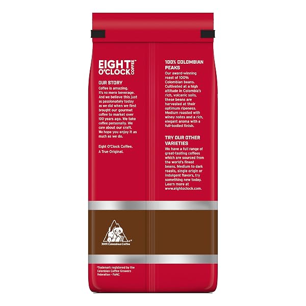 EIGHT O’CLOCK COFFEE 100% COLOMBIAN PEAKS & ARABICA, 30 OUNCE (PACK OF 1) MEDIUM ROAST GROUND COFFEE, RICH & WINEY