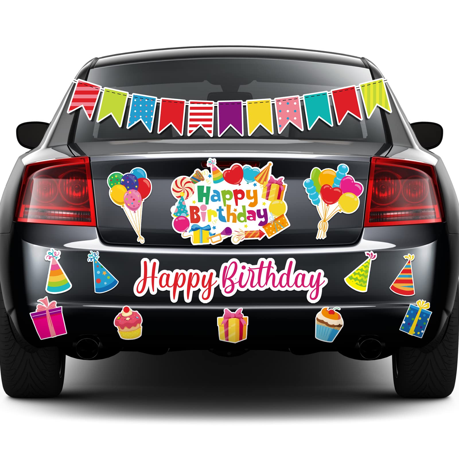 Photo 1 of 14 Pcs Birthday Car Decorations Door Decorations Birthday Banners Reflective Magnet Stickers Balloon Box Colorful Magnets for Car Refrigerator Door Metal Surface(Cake)