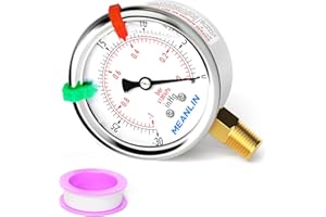 MEANLIN MEASURE -30inHG~0Psi Vacuum Pressure Gauge 1/4" NPT 2.5" FACE DIAL, Stainless Steel Liquid Filled Pressure Gauge WOG Water Oil Air Lower Mount (with 2PCS Snaps)