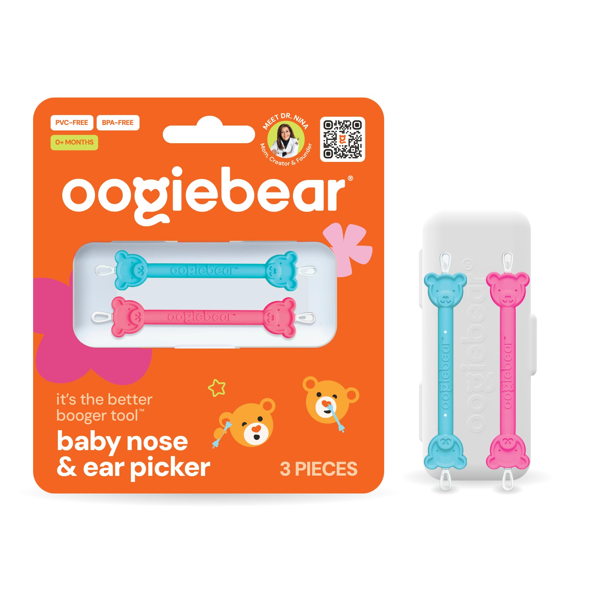 oogiebear - Nose and Ear Gadget. Safe, Easy Nasal Booger and Ear Cleaner for Newborns and Infants. Dual Earwax and Snot Remover. Aspirator Alternative - Two Pack with Case - Raspberry Seafoam