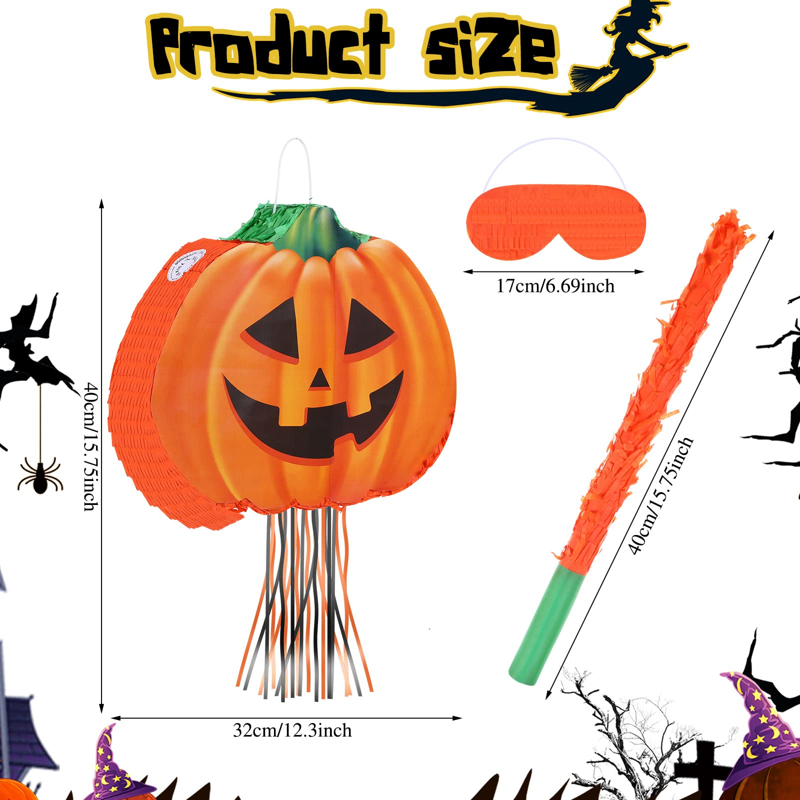 Aoriher Halloween Pumpkin Piñata Pull String Pumpkin Piñata with Stick and Blindfold Halloween Hanging Decoration Mexican Game Fall Party Supplies
