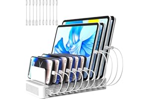 RISWOJOR Charging Station for Multiple Devices, 100W 10 Ports Flat Plug Charging Dock with 10 Cables Smart IC Tech and Adjustable Dividers Type-C，Multi USB Charger for iPhone Galaxy iPad Tablet，White