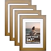 KINLINK 5x7 Picture Frame Brown, Solid Wood Frames with Acrylic Plexiglass for 3.5x5/4x6 with Mat or 5x7 without Mat, Tabletop and Wall Display Photo Frame Set of 4