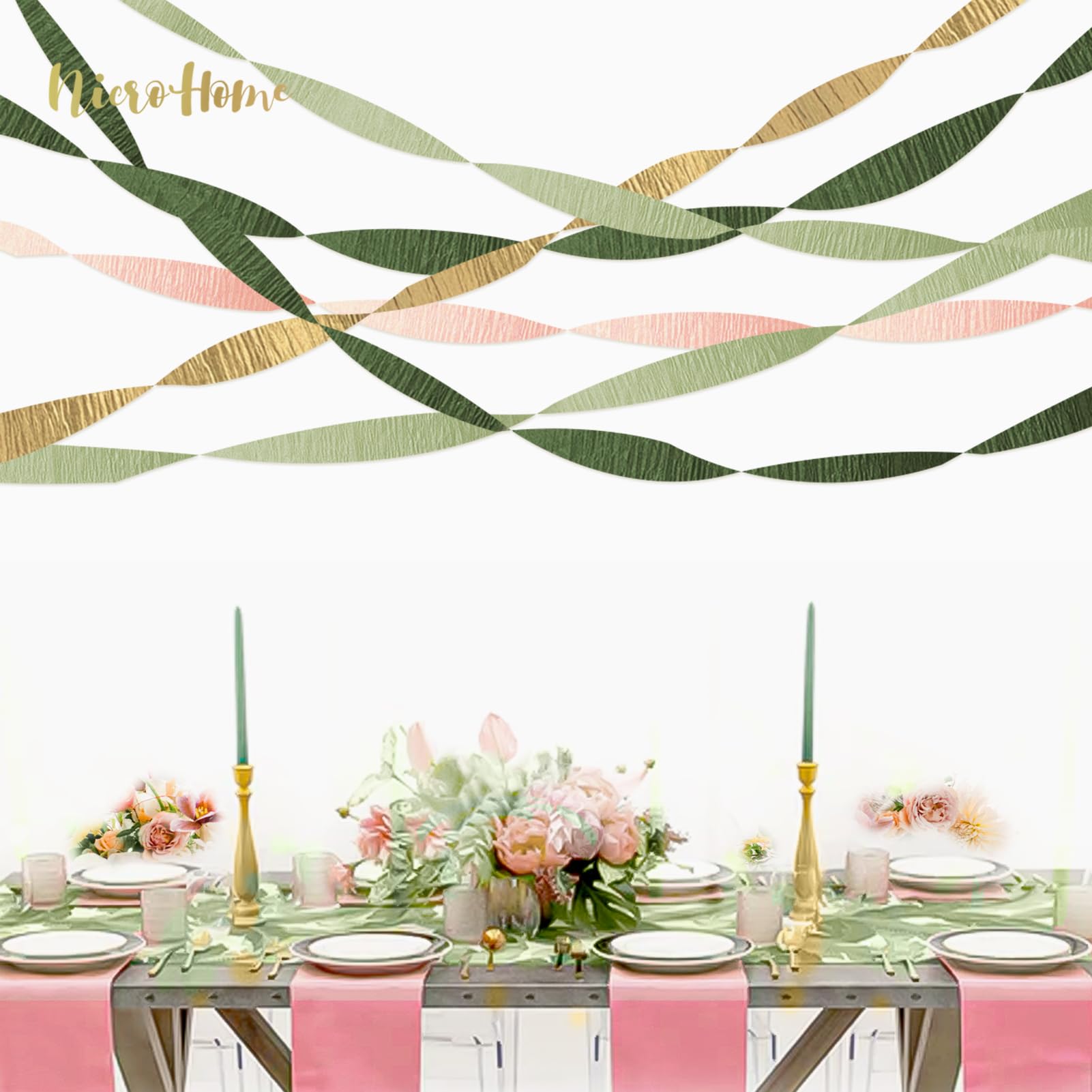 Wedding Party Decorations, 8 Rolls Moss Sage Green Pink Crepe Paper Streamers for Boho Baby Shower, Wedding, Engagement Party, Spring Party, Birthday Party Supplies, 82 ft Long