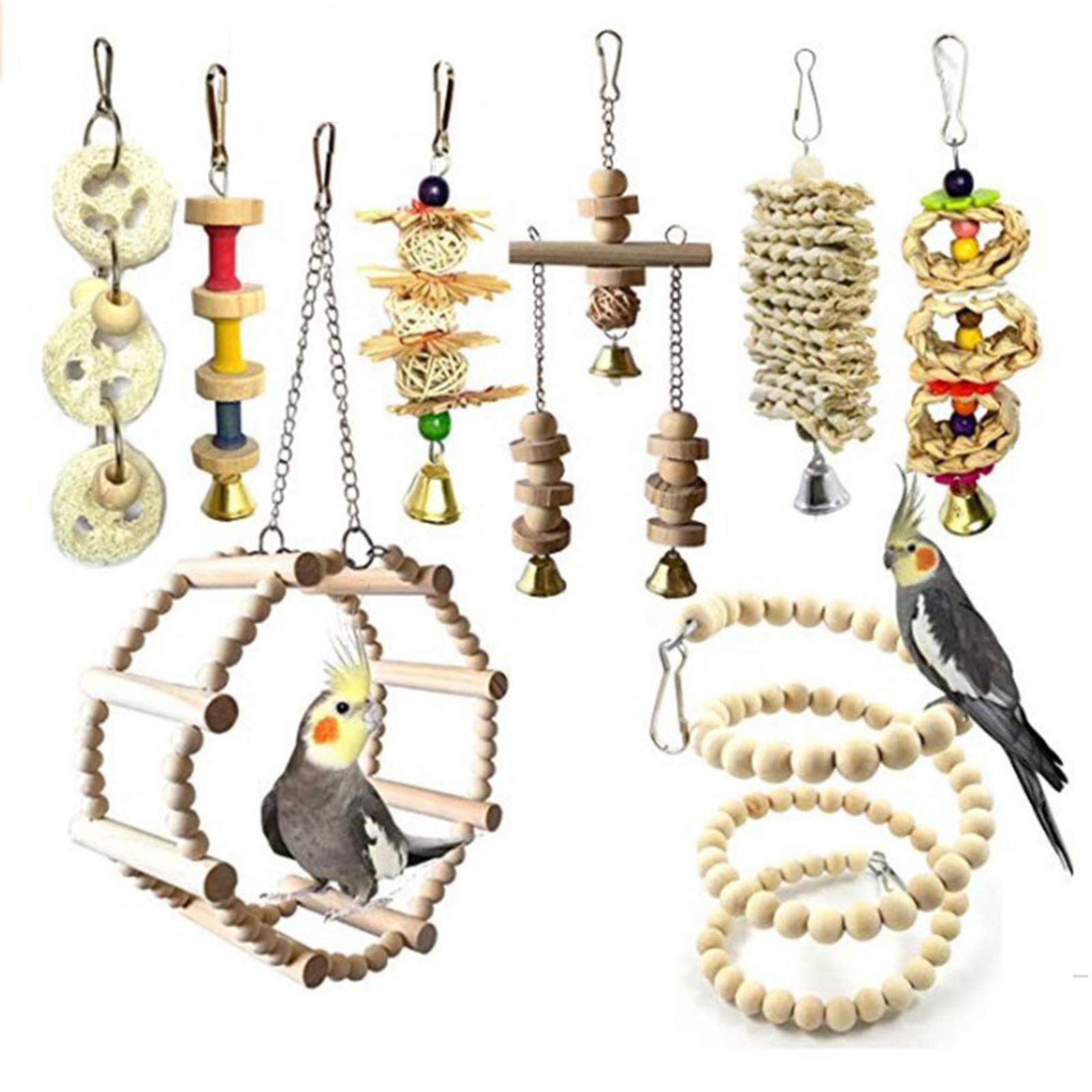 Chikanb 8 Pcs Bird Pet Cage Toys, Natural Wood Ladder Beaded Hanging Bell Swing Chewing Climbing for Love Bird, Australian Parrot, Parakeet, Cockatiel, Conure, Finches, Budgie, Macaw, Small Birds