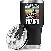 Sorry I Wasn’t Listening I Was Thinking About Trains Retro Vintage Train Lovers Gifts For Dad Mom Husband Brother Sister Wife Friend Coworker Vacuum Insulated Tumbler with Lid and Straw (Black, 30 oz)