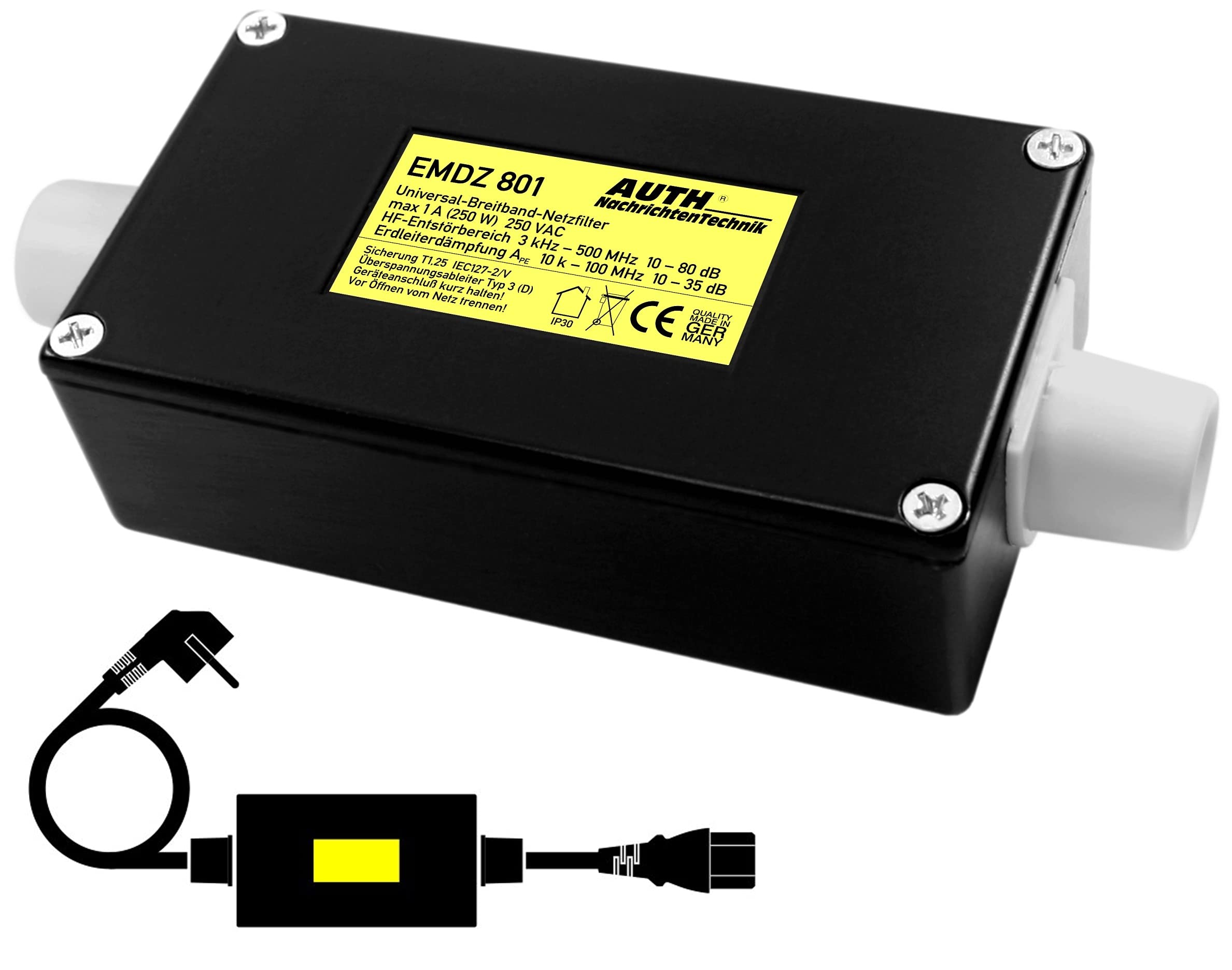 Mains filter, universal broadband with surge protection, module with internal cable connection (1A/3k-500MHz with SchuKo/KaltG) connection cable