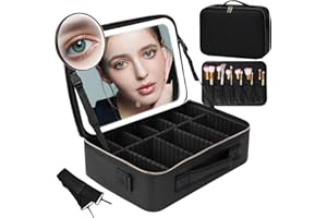 cenoz Makeup Bag With Mirror And Lights, 【Super Large】 Capacity Cosmetics Train Case with LED Lighted Mirror Rechargeable 3 Color Lights Adjustable Brightness, Makeup Bag Organizer (BLACK)