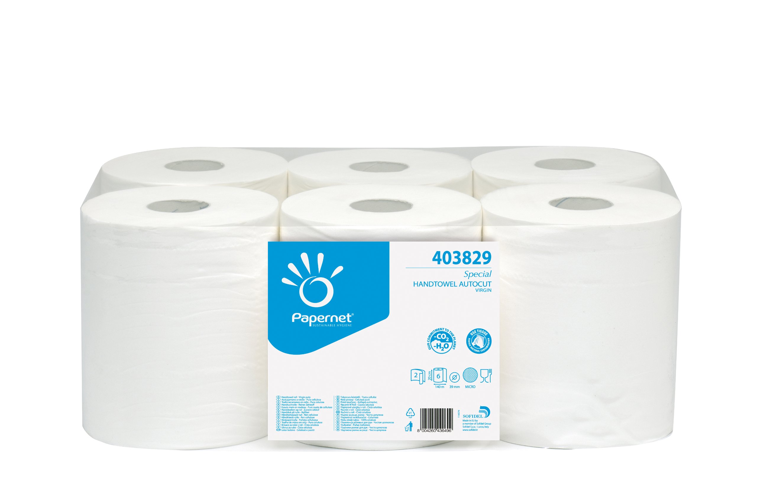 Papernet - Autocut Towel in Roll 403829, 6 Rolls per Pack, in Pure Cellulose, Length 140m each, Roll diameter 18.5 cm Core 3.9 cm
